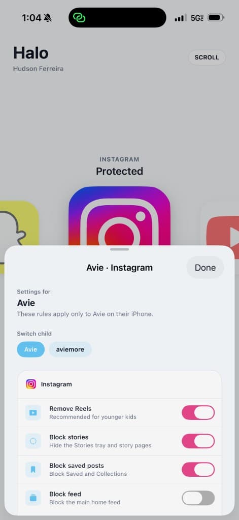Halo Instagram settings with Remove Reels and Block Stories toggles