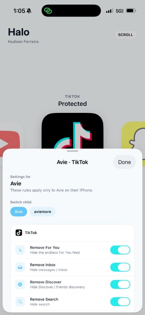 Halo TikTok settings with Remove For You and Remove Discover toggles