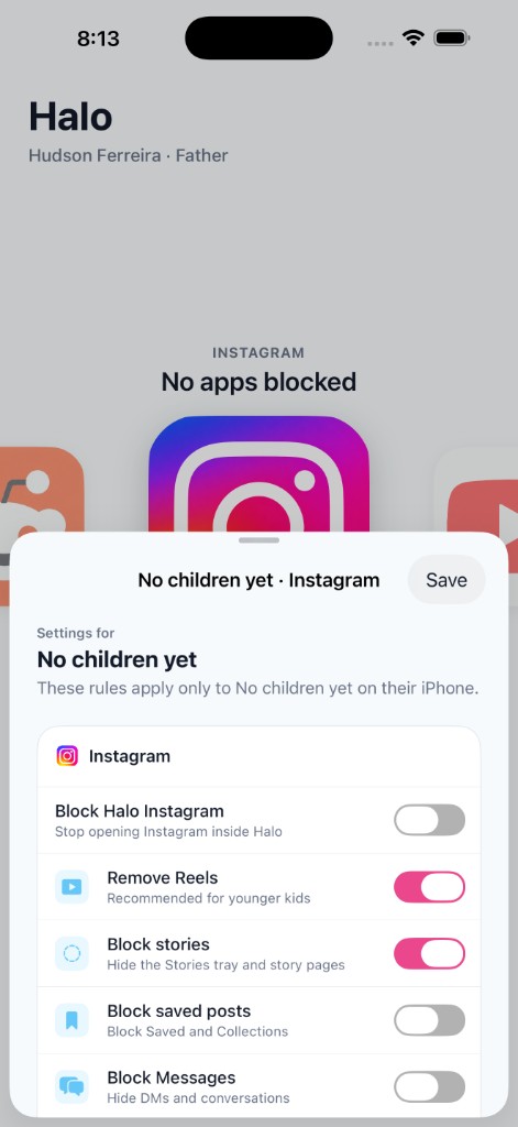 Halo Instagram settings with Remove Reels and Block Stories toggles