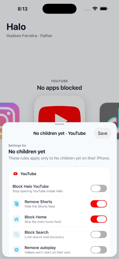 Halo YouTube settings with Remove Shorts and Block Home toggles